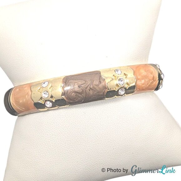 Earth Tone Enamel Gold Tone Hinged Clamper Bracelet - Picture 1 of 9